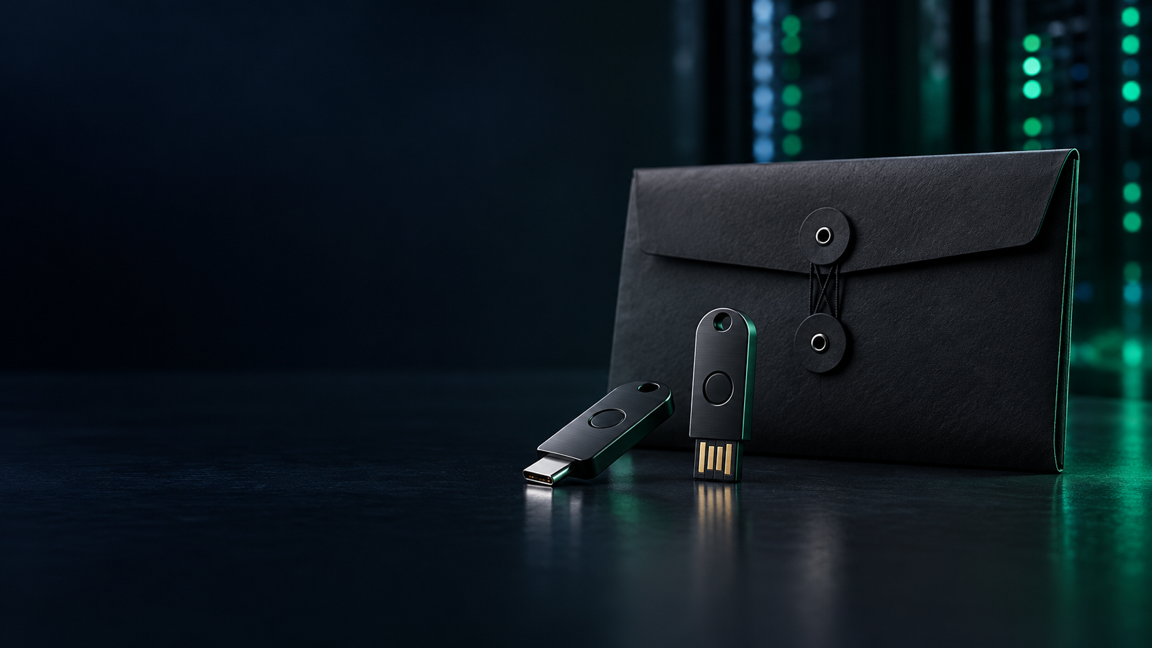 Hardware security keys and a sealed document wallet in a dark, secure setting